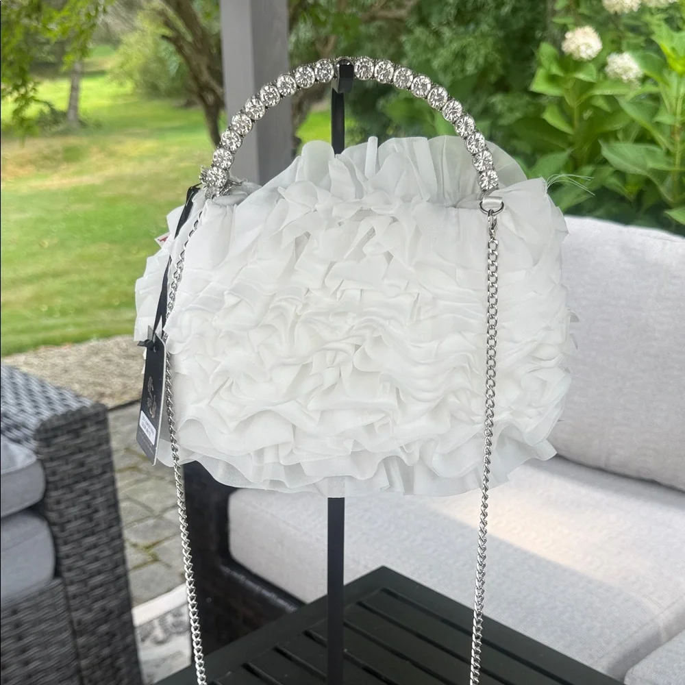 Sincerely Jules, silver rhinestone and white ruffled satchel - Picture 1 of 7